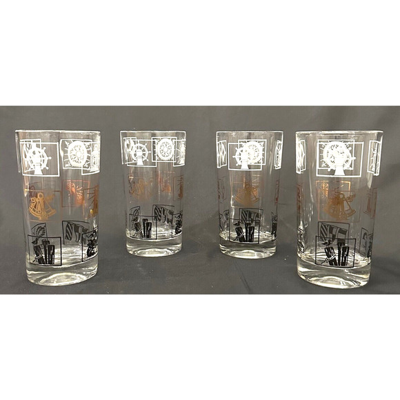 Vintage Mid-Century Nautical Yacht Themed Drinking Glasses Barware-Set of 4 - Picture 1 of 4